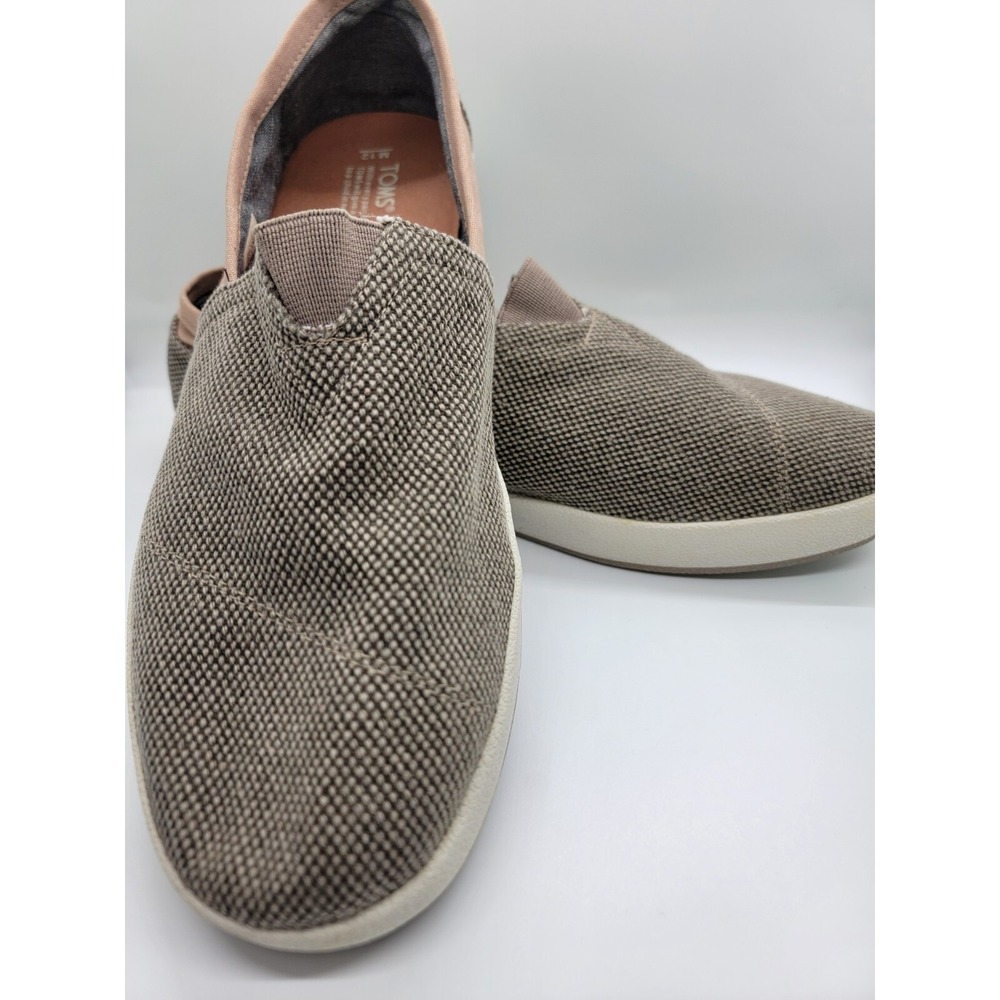 Casual Comfy Toms Men 12 Canvas Loafers Tan Olive Bubble Stitch Great Condition - Picture 10 of 15